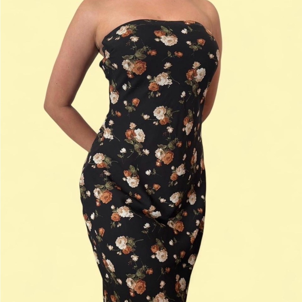 Floral Strapless Satin Midi Dress